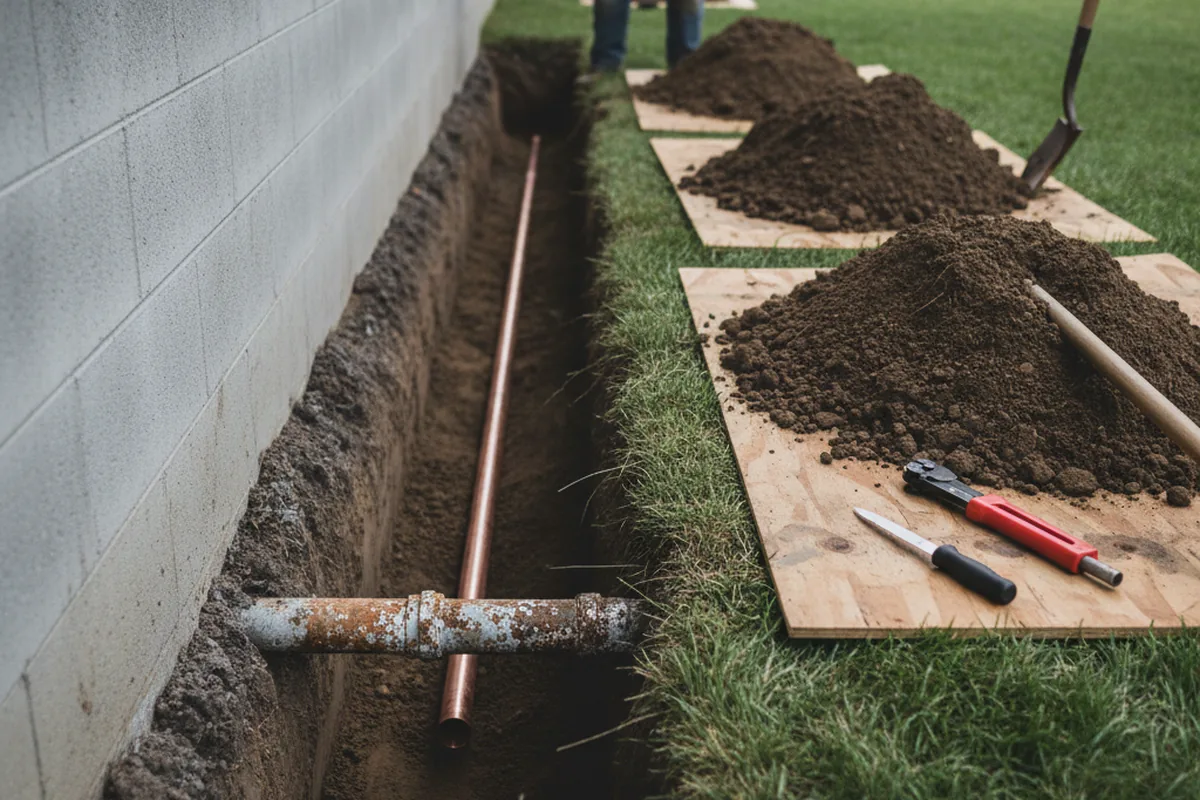 Excavated water line trench during Sewer Line Repair in Cross Junction
